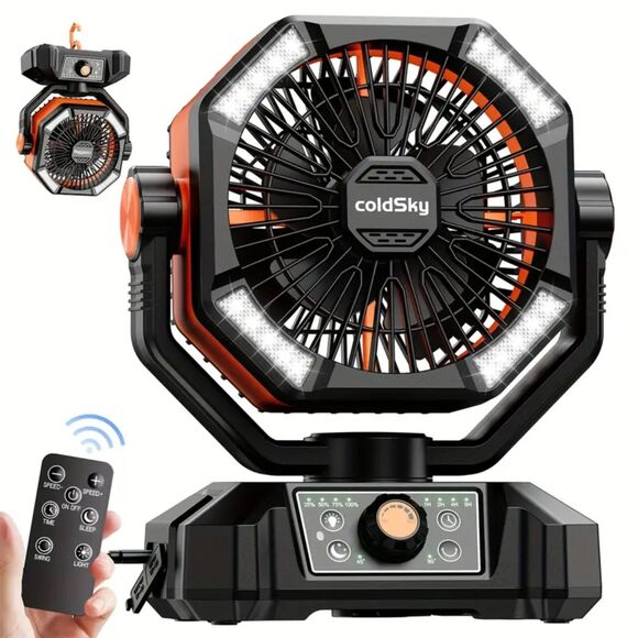 COLDSKY Battery Powered Fan Dual Motor 8-Speed Remote Control 4 LED Lanterns TM - Picture 1 of 2